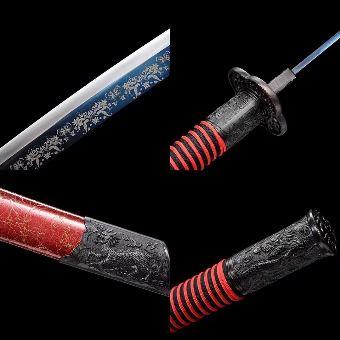 Kangxi dao,Forged High Carbon Steel Etch Blade,Red scabbard Battle Ready