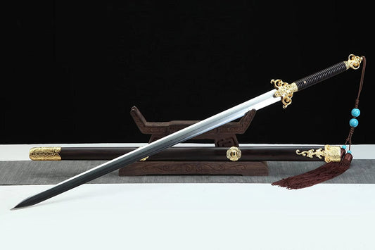 Fire Dragon Sword,Forged Damascus Steel Blade,Ebony Scabbard,Brass Fittings