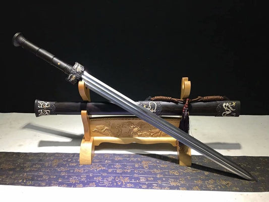 Yuewang Sword Real,Damascus Steel Blades,Brass Fittings,Ebony Scabbard