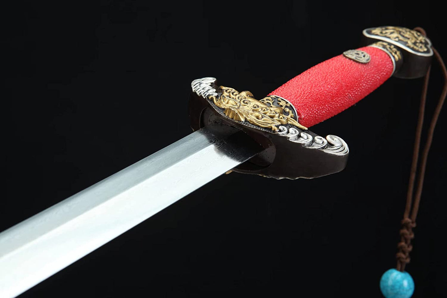 Qianlong Swords,Damascus Steel Blades,Red Skin Scabbard,Brass Fittings,Chinese sword