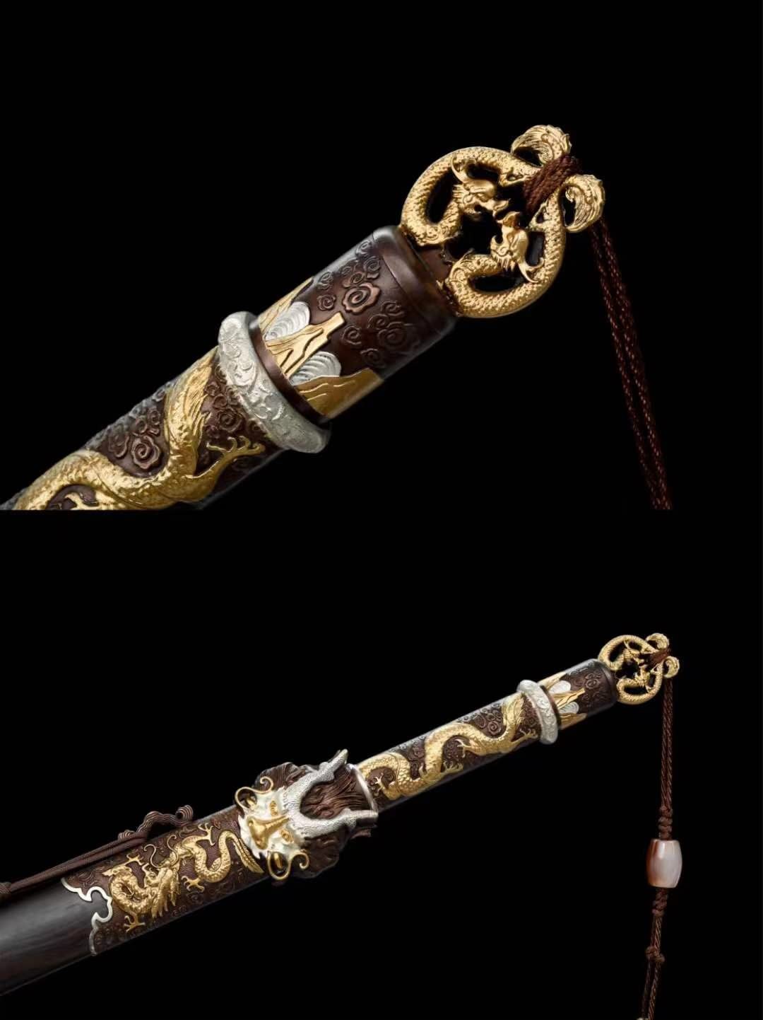 Dragon Swords,Damascus Steel Octahedron Blades,Ebony Scabbard,Brass Fittings,chinese sword