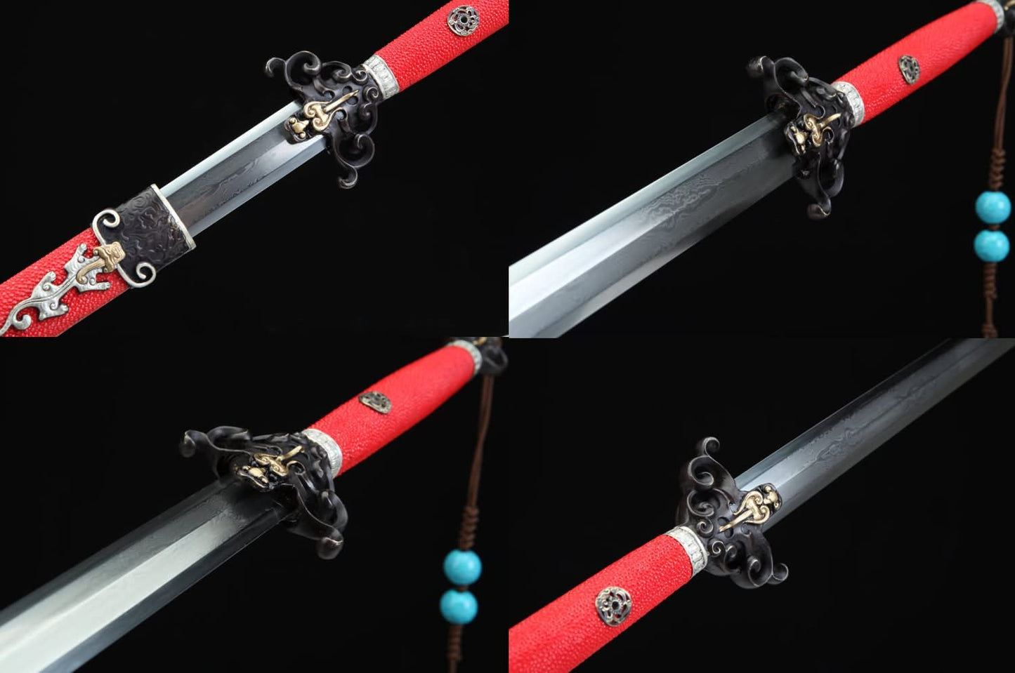 Fire Dragon Swords,Damascus Steel Blade,Red Skin Scabbard,Brass Fittings