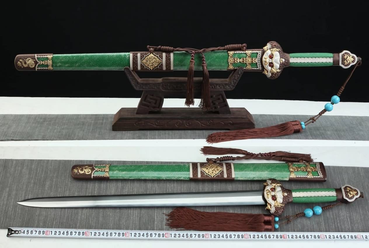Yongle jian Forged Damascus Steel Blades,Green Skin Scabbard,Brass Fittings