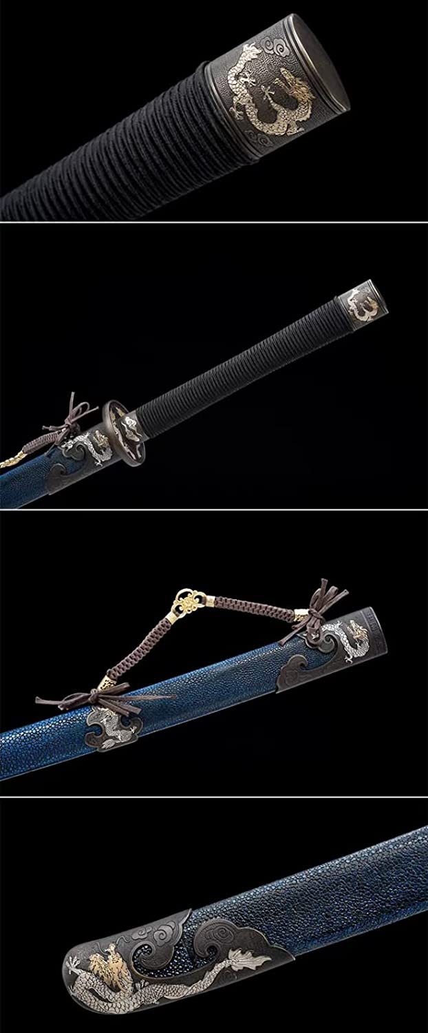 LOONGSWORD,chinese sword,Qi Jia Dao,Forged Damascus Steel Blade,Skin Scabbard,Brass Fittings