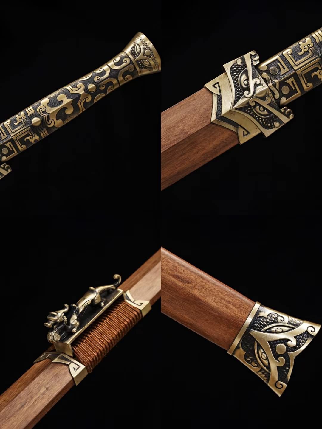 Han jian,Damascus Steel octahedral Blades,Brass Fittings,Two Scabbard Materials