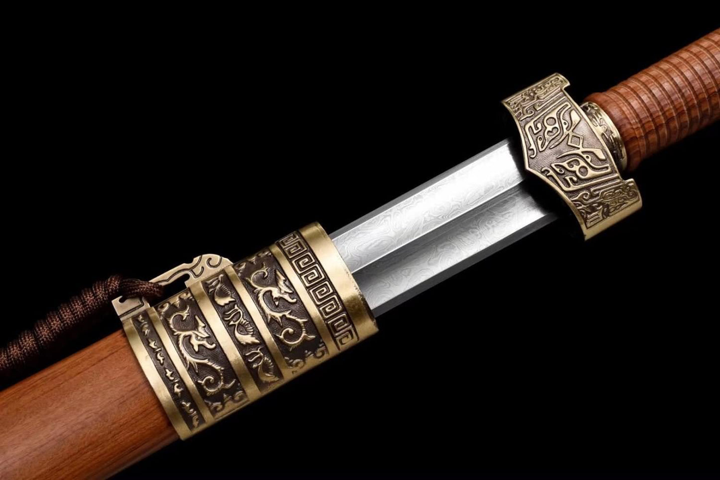 Wolong jian Sword,Forged Damascus Steel Blade,Brass Fitting