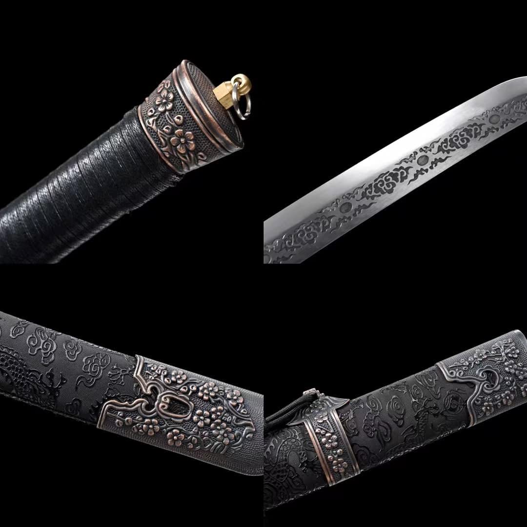Qing Dao Swords Real,Forged Etch Blade,Leather Scabbard