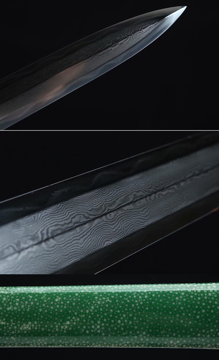 Yongle jian Forged Damascus Steel Blades,Green Skin Scabbard,Brass Fittings,chinese sword