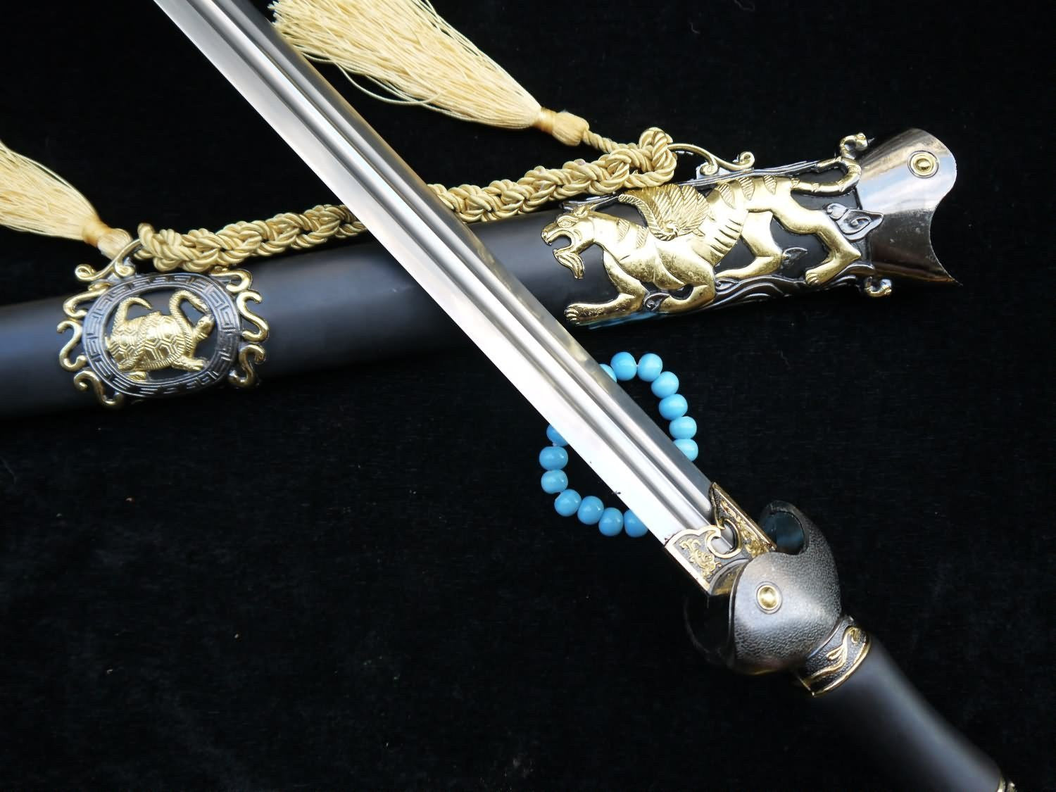 Longquan sword/Chinese sword/Damascus steel blade/Handmade/Two-color alloy fittings/Length 39" - Chinese sword shop