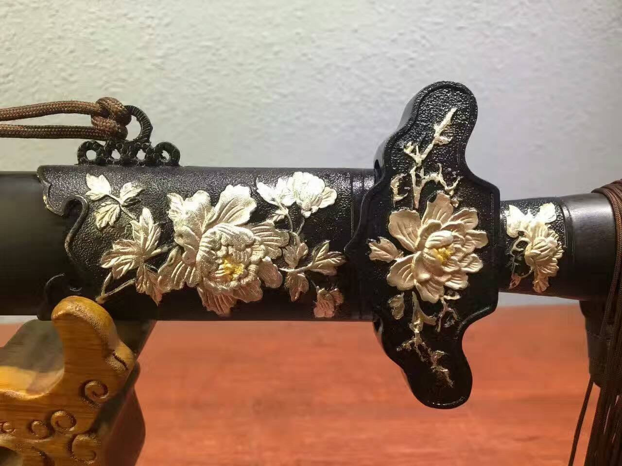 Peony sword-Damascus steel made Blade-Ebony Scabbard-Brass carved accessories - Chinese sword shop