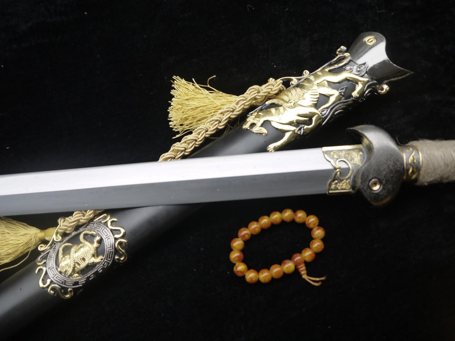 Tortoise snake sword,Damascus steel,Black Scabbard,Hemp twine - Chinese sword shop