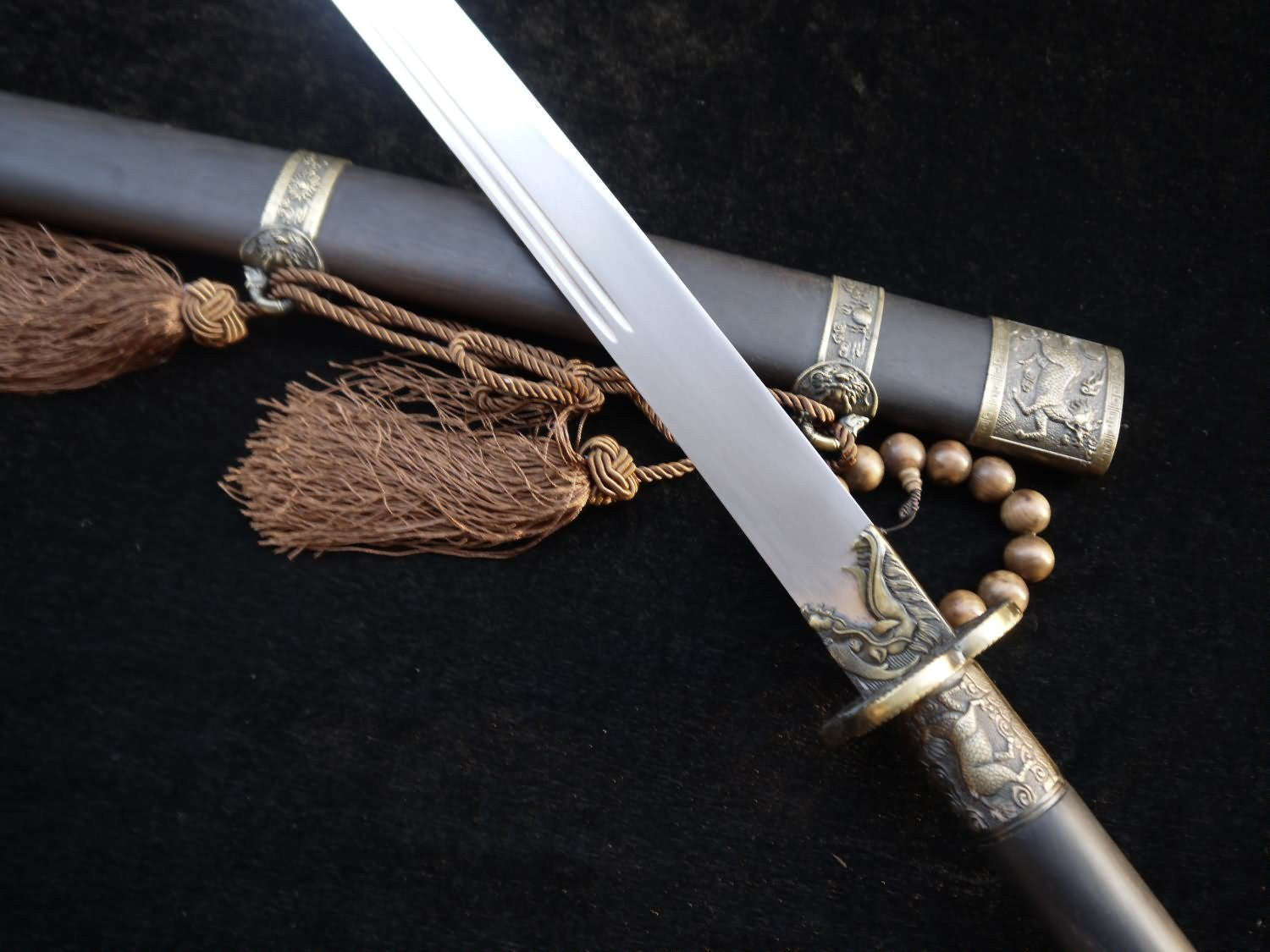 Qing Dynasty broadsword-Damascus steel-Rosewood scabbard-Brass fittings - Chinese sword shop