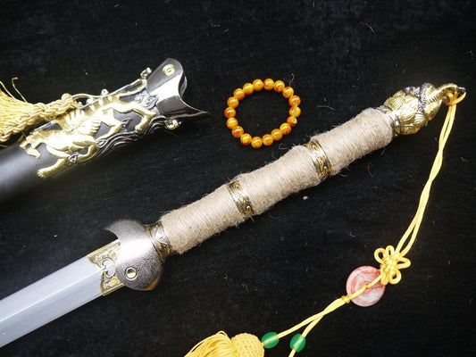Tortoise snake sword,Damascus steel,Black Scabbard,Hemp twine - Chinese sword shop