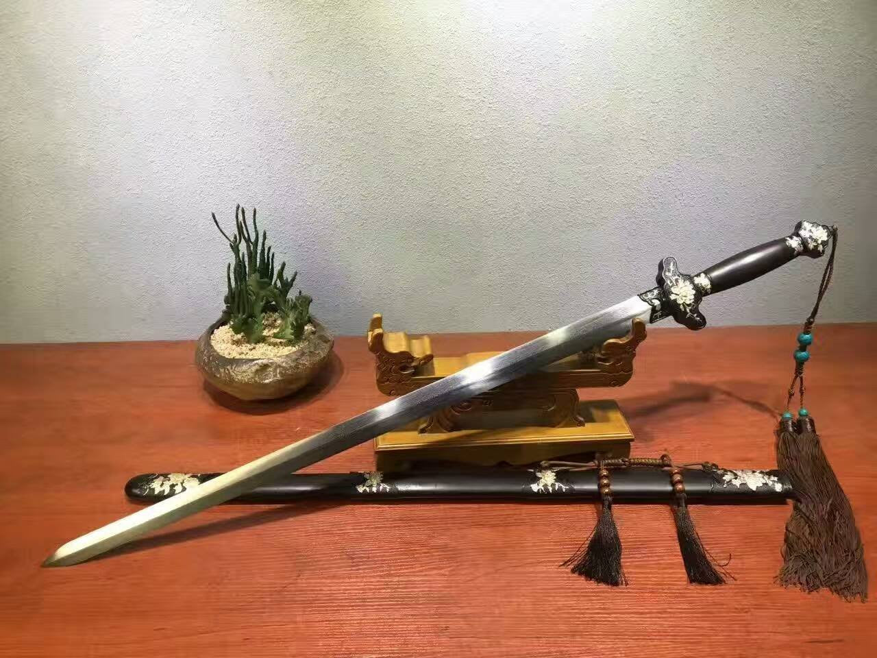 Peony sword-Damascus steel made Blade-Ebony Scabbard-Brass carved accessories - Chinese sword shop