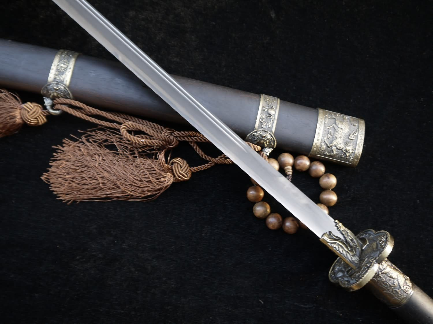 Qing Dynasty broadsword-Damascus steel-Rosewood scabbard-Brass fittings - Chinese sword shop