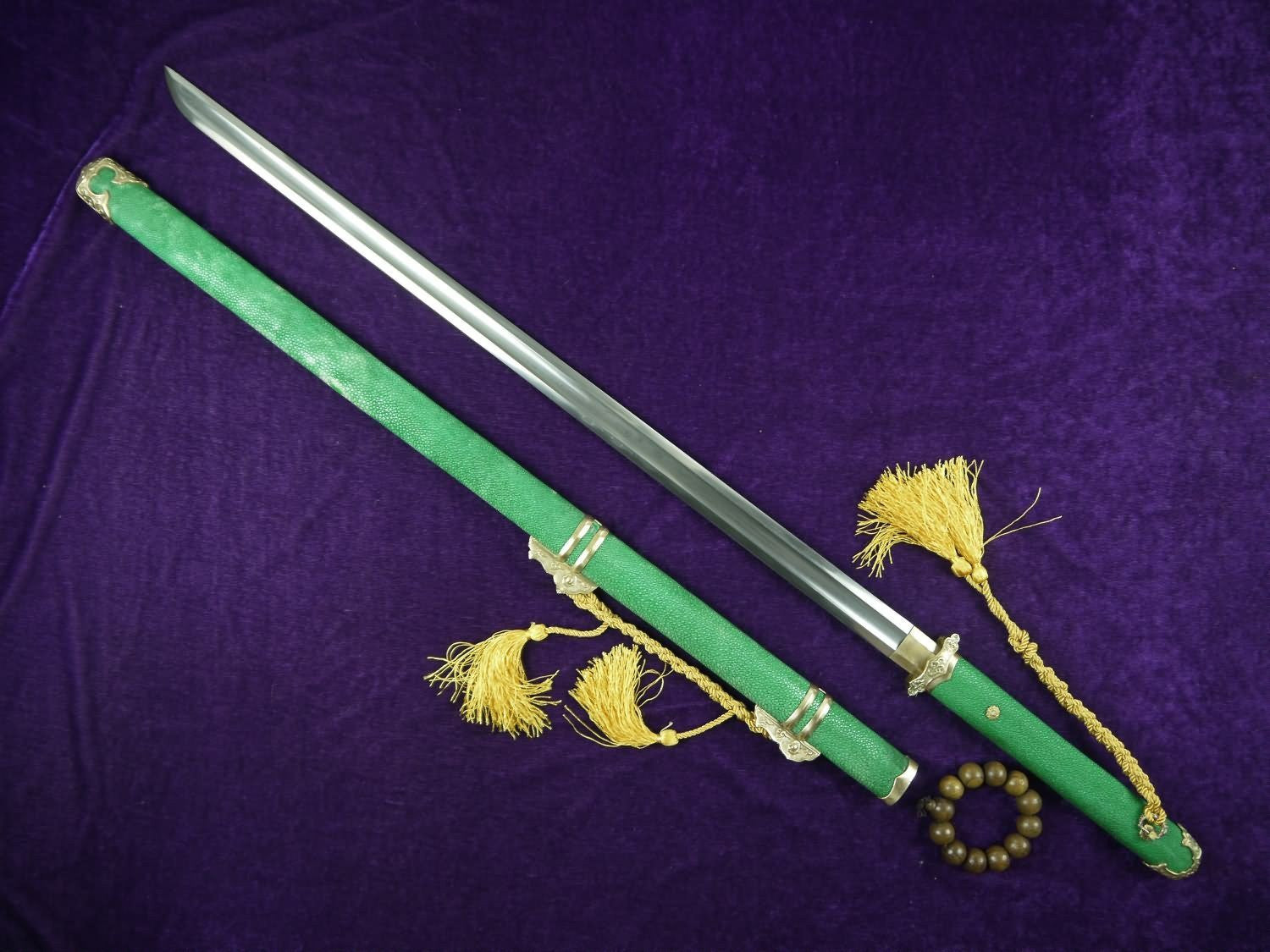 Tang sword/Damascus steel handmade blade/Brass fittings/Green skin scabbard - Chinese sword shop