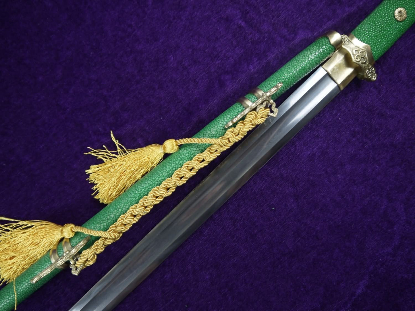 Tang sword/Damascus steel handmade blade/Brass fittings/Green skin scabbard - Chinese sword shop