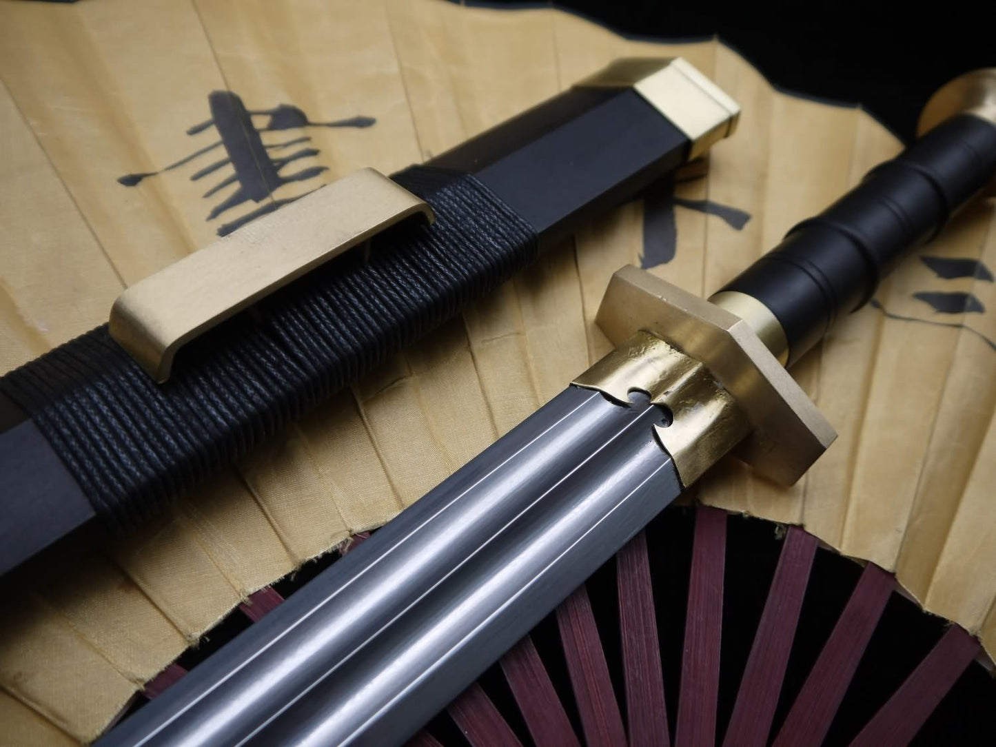 Han swords Handmade Damascus steel blade Black scabbard Brass fitted - Chinese sword shop