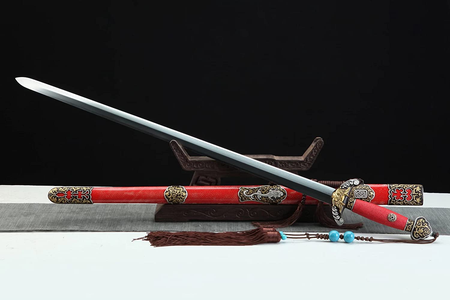 Qianlong Swords,Damascus Steel Blades,Red Skin Scabbard,Brass Fittings,Chinese sword