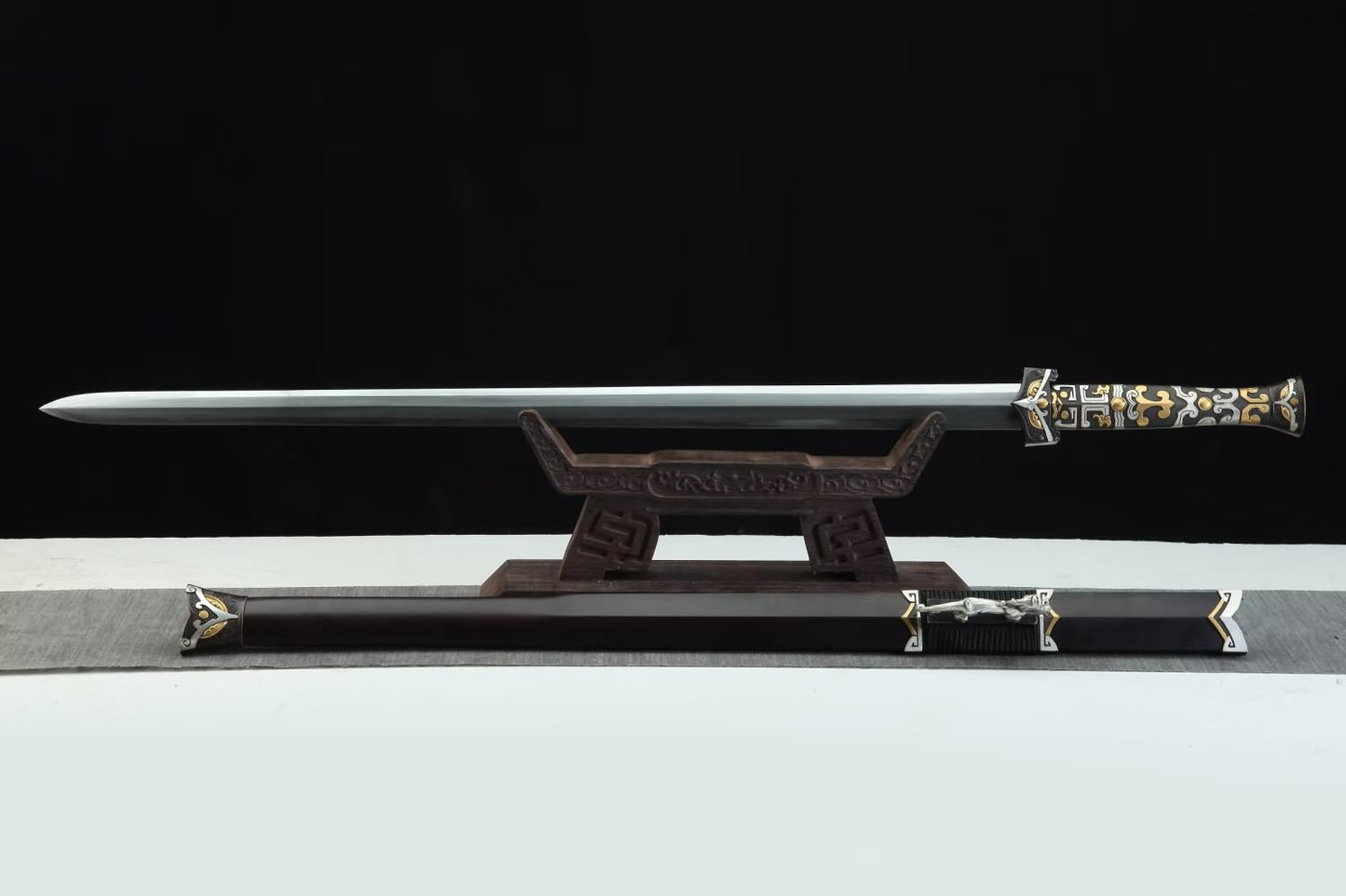 Han Swords Real,Forged 1095 Folded Steel Blade,Copper Fittings,Ebony Scabbard