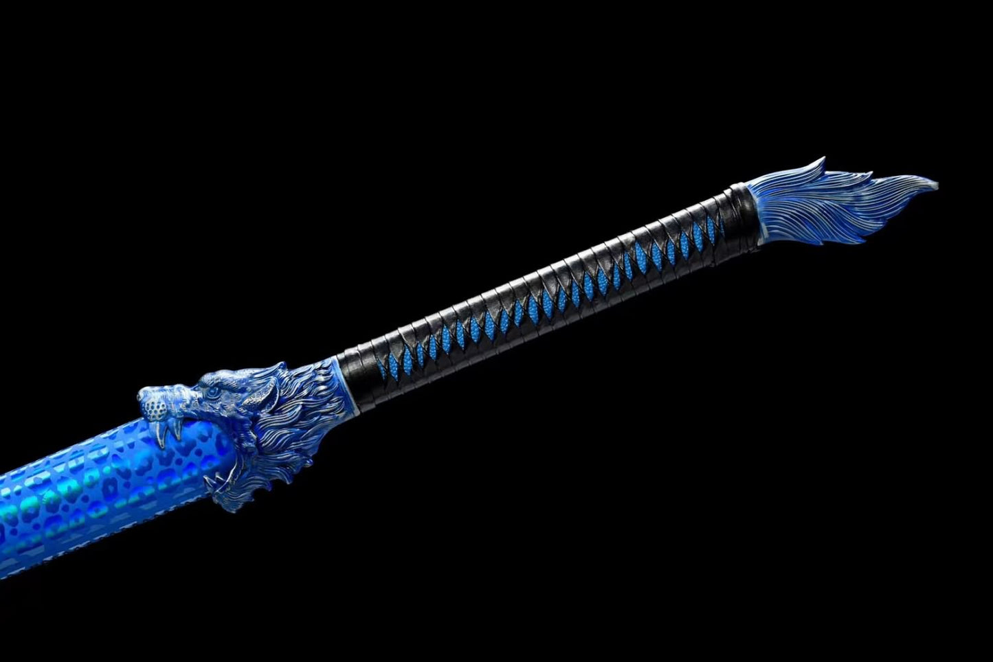 Handcrafted Blue Wolf-Head Dao Swords Real with Forged High Carbon Steel Blade- Faux Leather Scabbard and Alloy Fittings