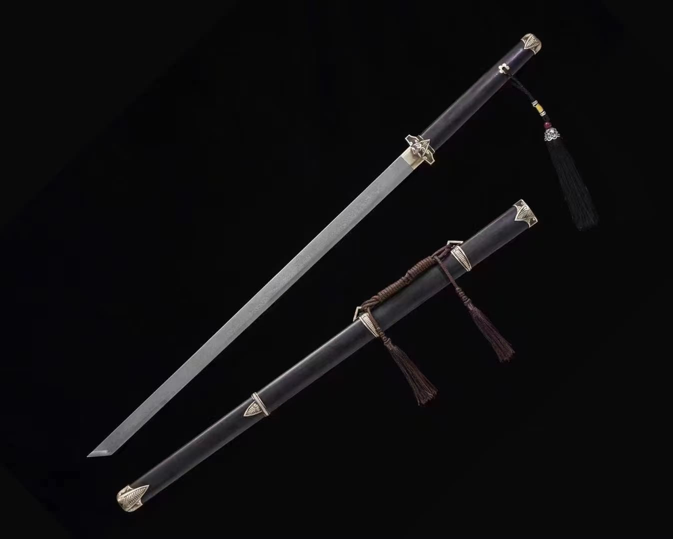 LOONGSWORD,Tang dao Swords-Handcrafted Damascus Steel Blade with Brass Fittings Black Wood Scabbard