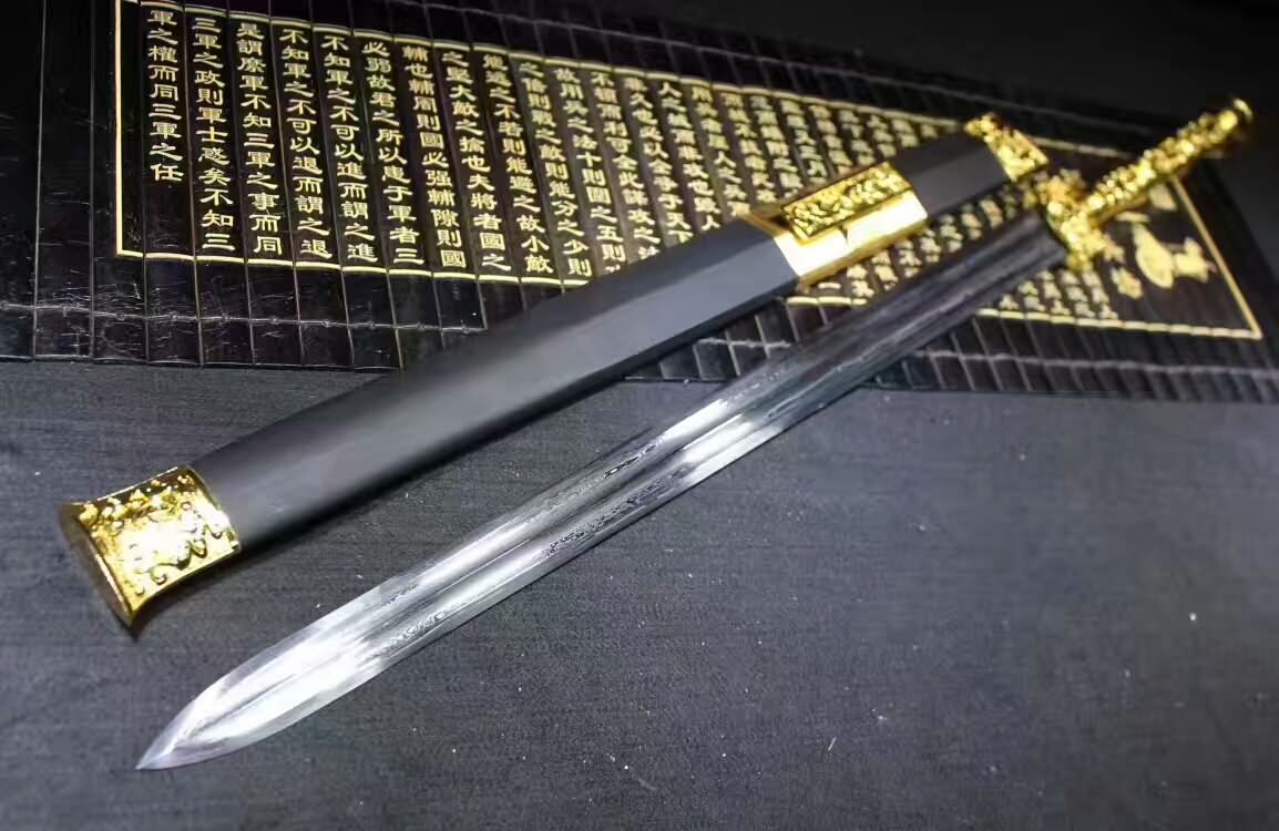 Han jian,Damascus Steel double groove blade,Black wood,Alloy handle - Chinese sword shop