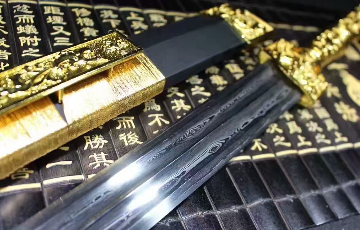Han jian,Damascus Steel double groove blade,Black wood,Alloy handle - Chinese sword shop
