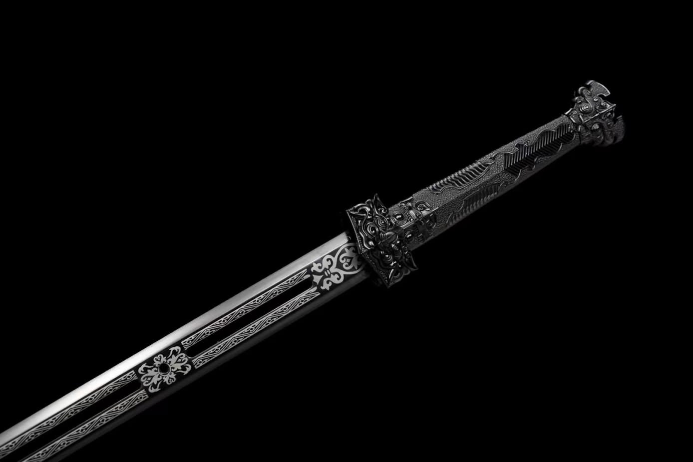 Han jian Swords Forged Manganese Steel Hollow Blade,Black Scabbard,Alloy Handle,LOONGSWORD