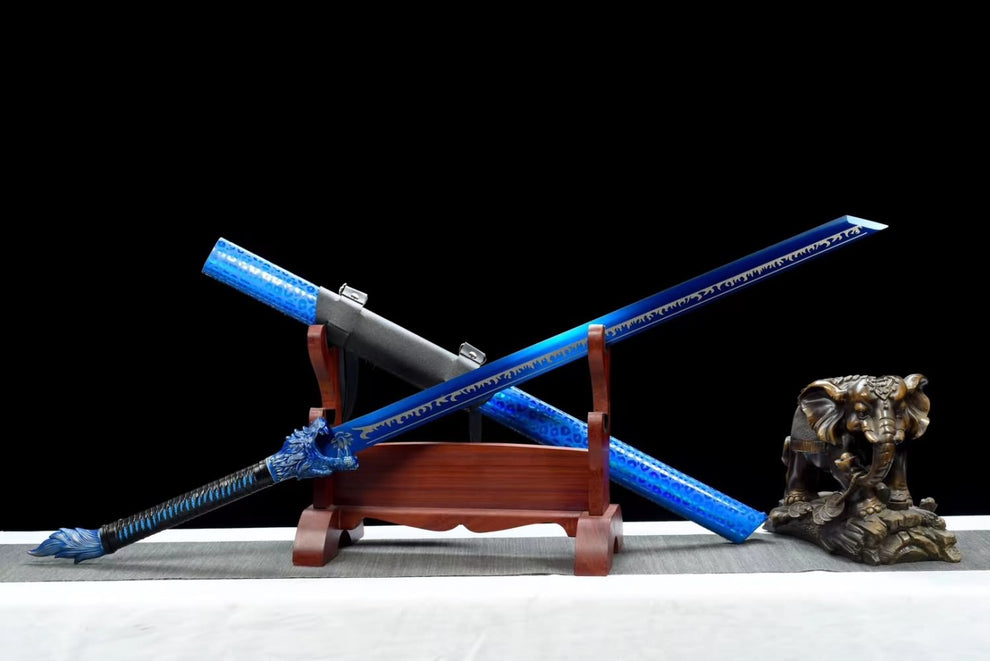 LONGSWORD Handcrafted Blue Wolf-Head Dao Swords Real with Forged ...