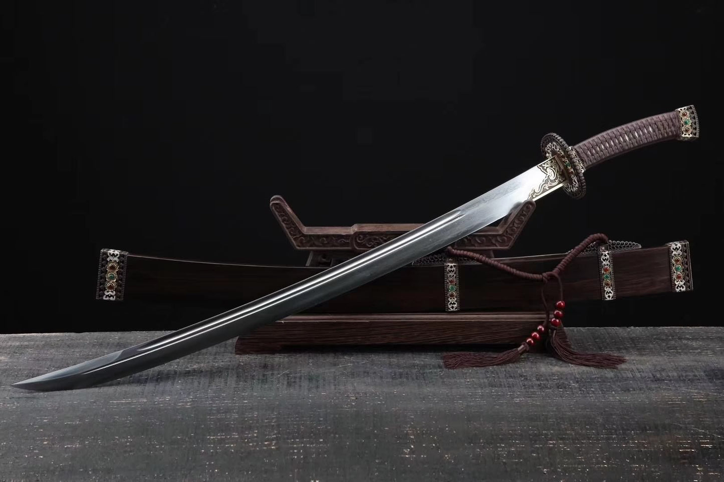 Qing sword,Damascus steel blade,Ebony scabbard,Brass - Chinese sword shop