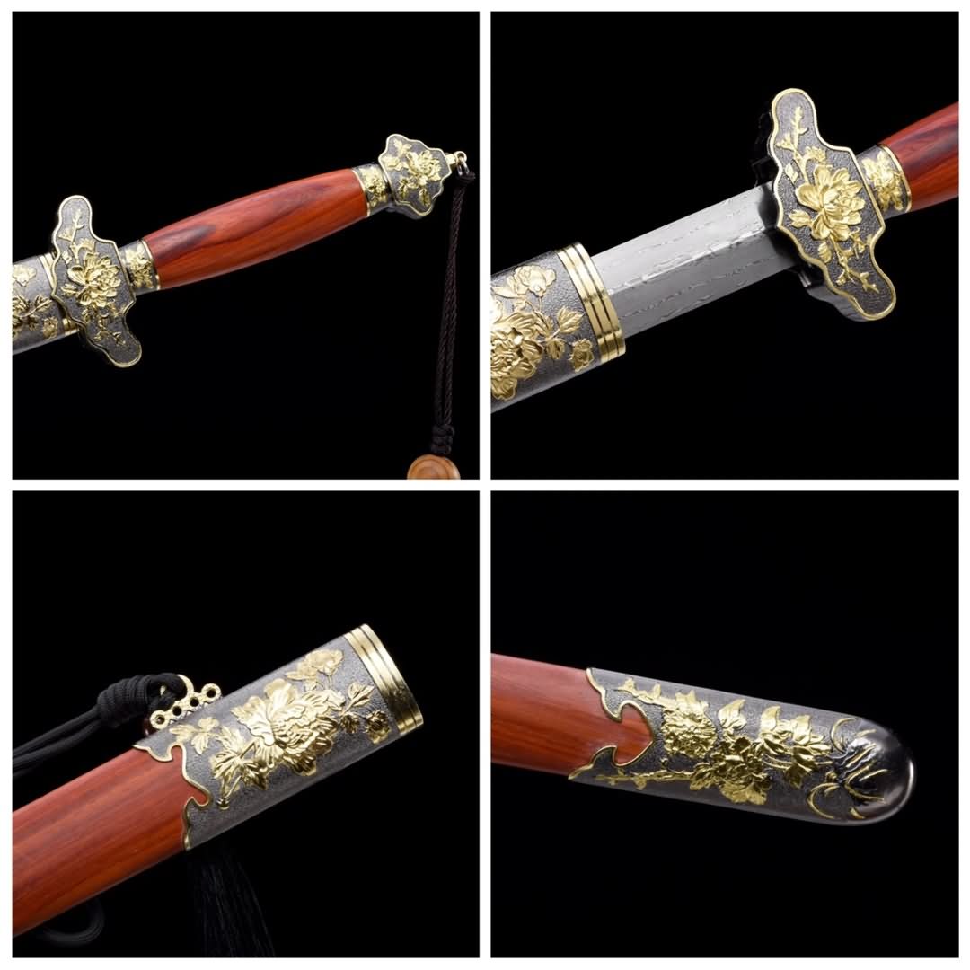 Peony jian Swords Real(Forged Damascus Steel,Redwood Scabbard,Alloy Fittings) Chinese Sword