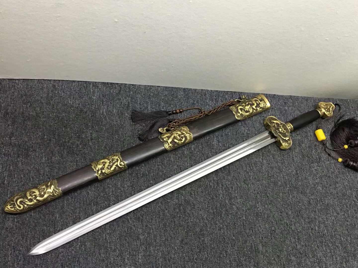 Longquan sword,Damascus steel blade,Black scabbard,Brass - Chinese sword shop