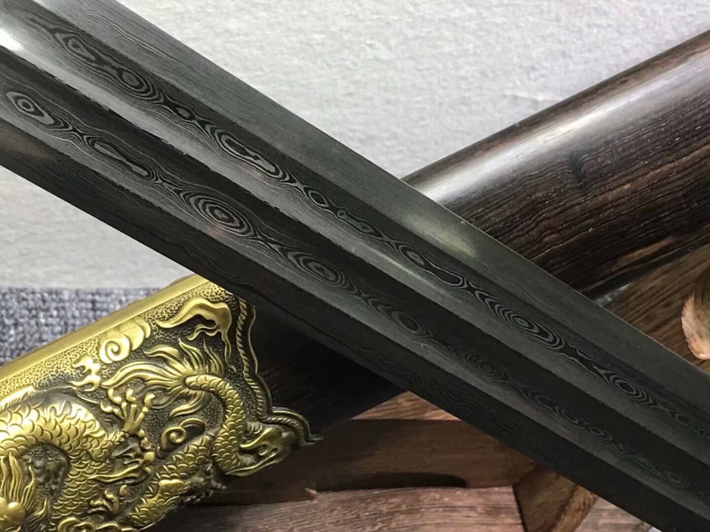 Longquan sword,Damascus steel blade,Black scabbard,Brass - Chinese sword shop