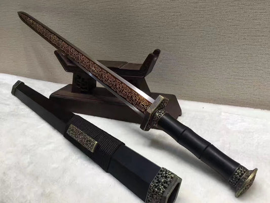 Longquan sword,High manganese steel etched blade,Black scabbard,Brass fittings - Chinese sword shop