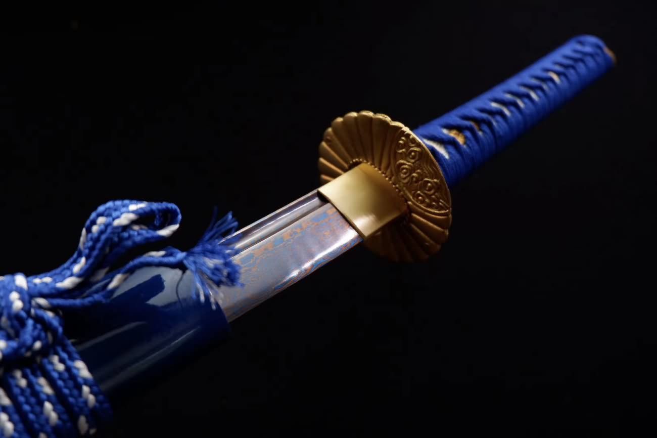 Samurai Sword Forged Damascus Steel Blade Blue scabbard