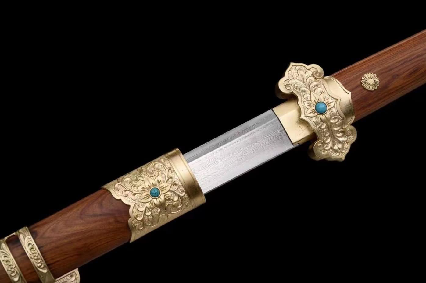 LOONGSWORD,Tang dao jian,Damascus Steel Blade,Brass Fittings,Rosewood Scabbard,Chinese sword