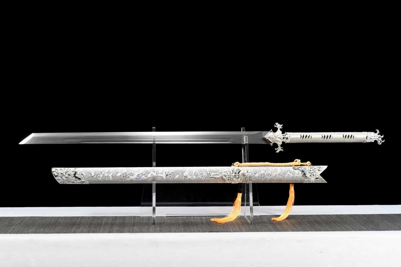 War Dragon dao Sword Real,High Carbon Steel Blade,Silver Leather Scabbard,LOONGSWORD