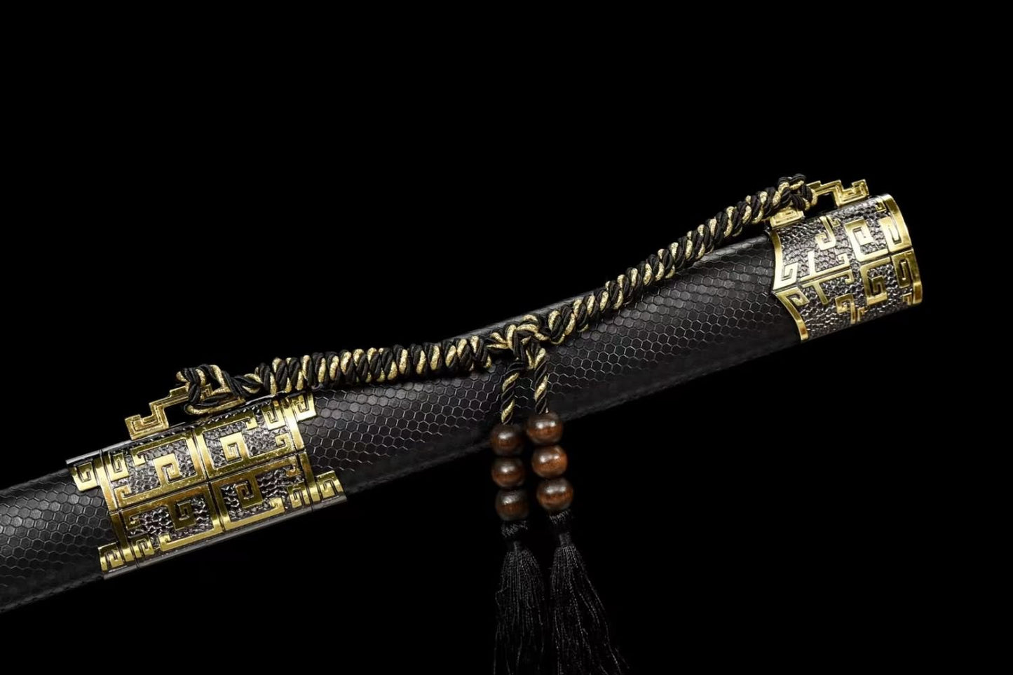 Black Gold Ancient Swords-Handcrafted High Carbon Steel Blade with Alloy Fittings and Real Wood Wrapped Faux Leather Scabbard
