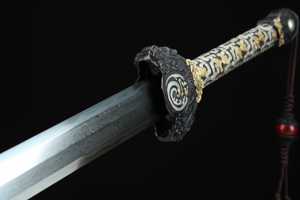 Real Luna Sword(Forged Damascus Steel Blade,Skin Scabbard,Brass Fittings) Chinese Sword Antique Gift