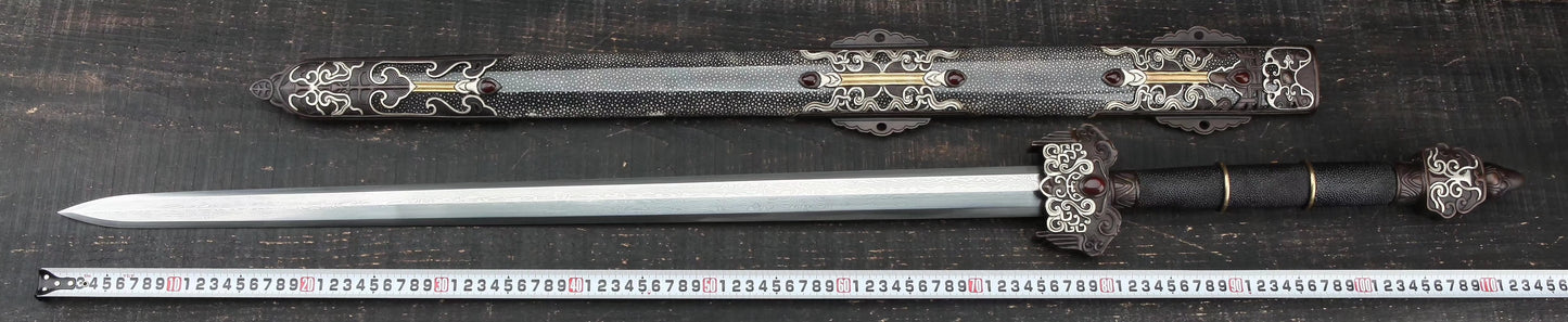 Myth sword,Handmade Damascus steel blade,Skin scabbard,Brass fittings - Chinese sword shop
