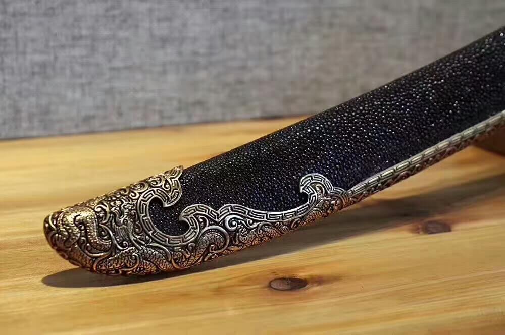 Broadsword(Pattern steel burn blade,Black skin scabbard,Brass fitting)Handmade art - Chinese sword shop