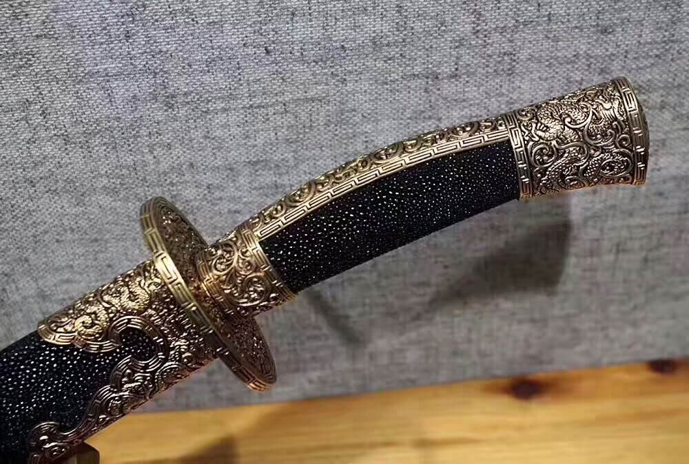 Broadsword(Pattern steel burn blade,Black skin scabbard,Brass fitting)Handmade art - Chinese sword shop