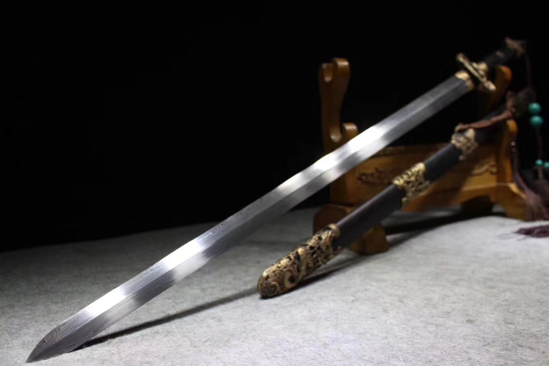 Jiulong sword,Damascus steel blade,Black wood,Brass fittings - Chinese sword shop
