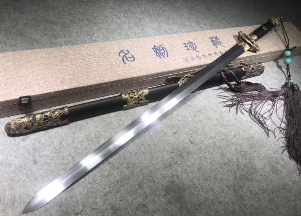 Jiulong sword,Damascus steel blade,Black wood,Brass fittings - Chinese sword shop