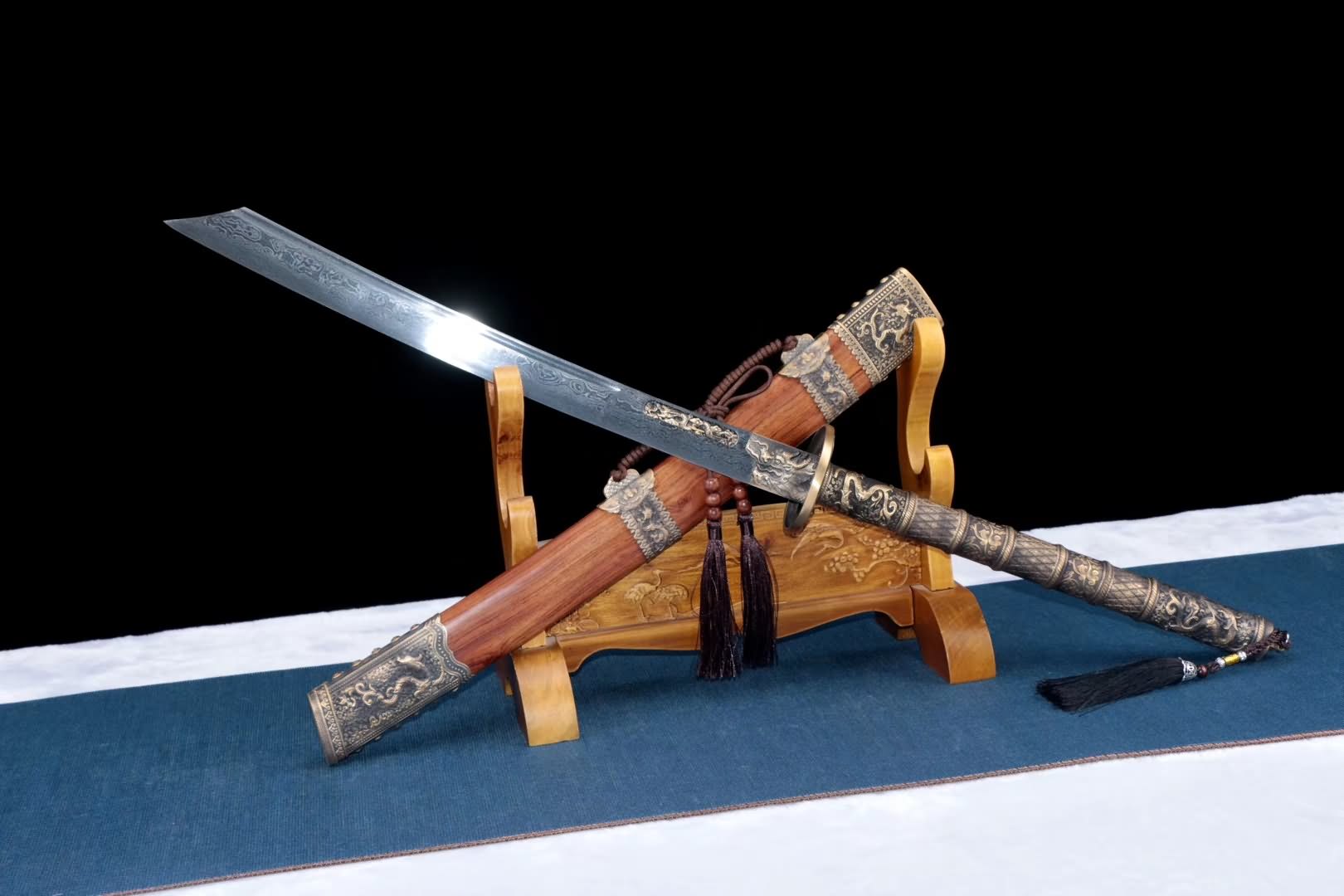 Kangxi sword,Damascus steel blade,Brass fittings,Rosewood scabbard - Chinese sword shop