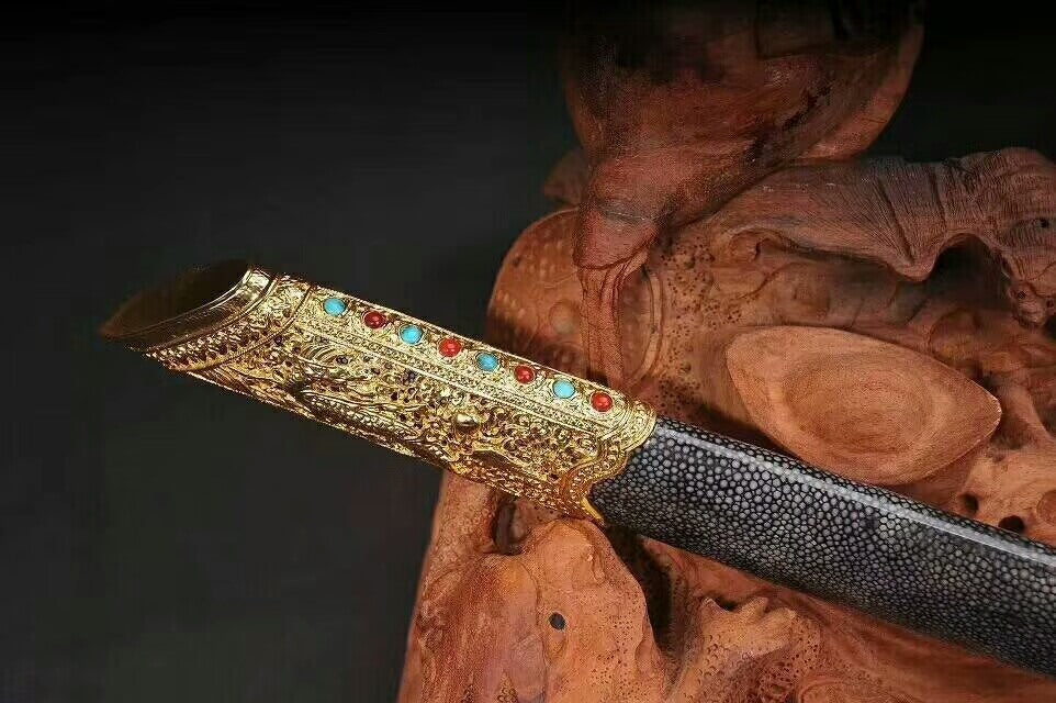 Kangxi Sabre/Damascus steel burn blade/Brass carved fitteds/Skin scabbard/Length 51" - Chinese sword shop