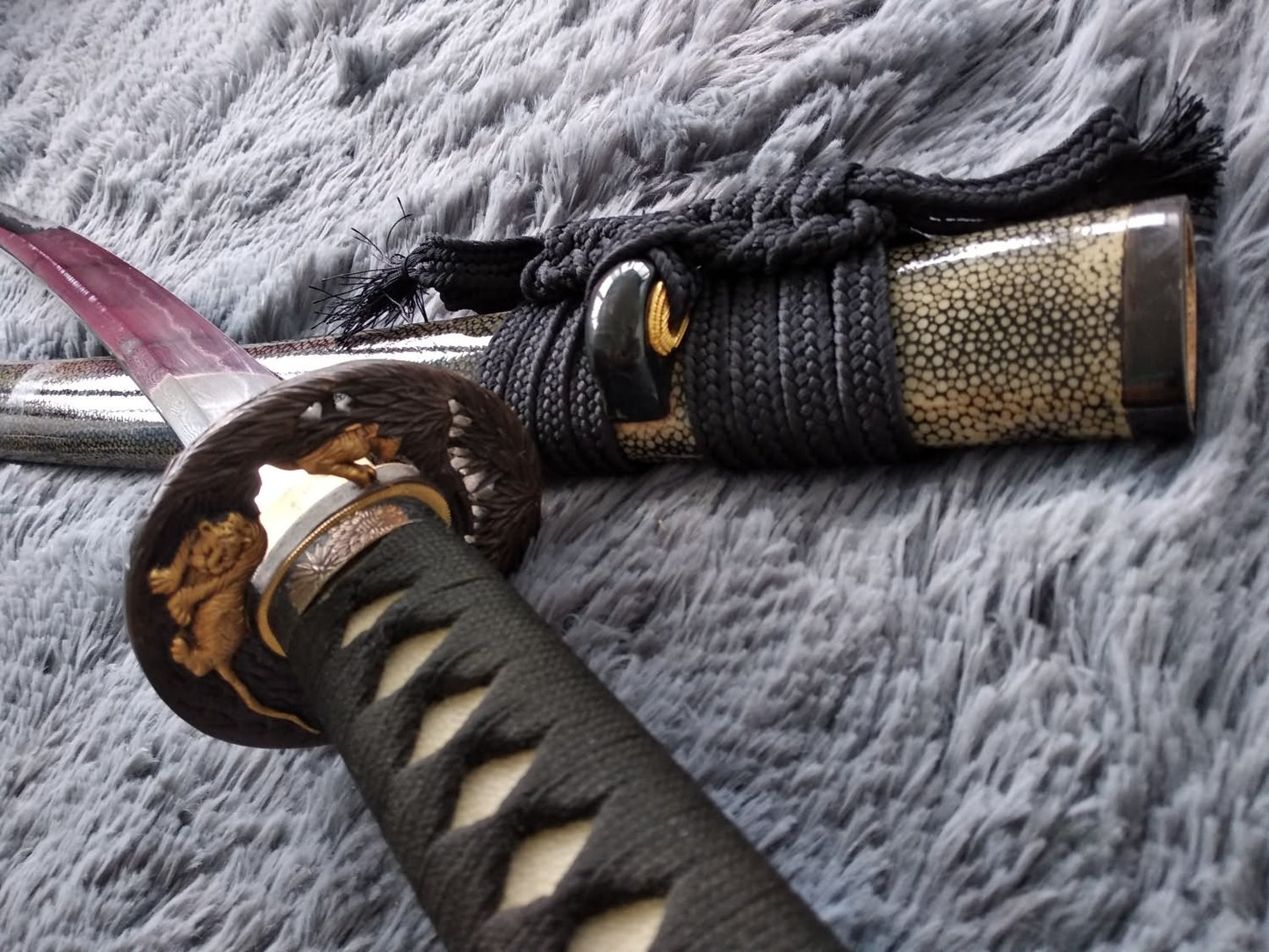 Samurai sword,Katana,Damascus steel burn blade,Skin scabbard,Brass tosogu - Chinese sword shop