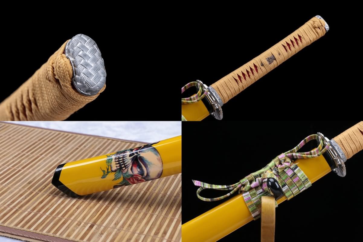 Katana,Forged High carbon steel burn blade,Yellow scabbard,samurai sword