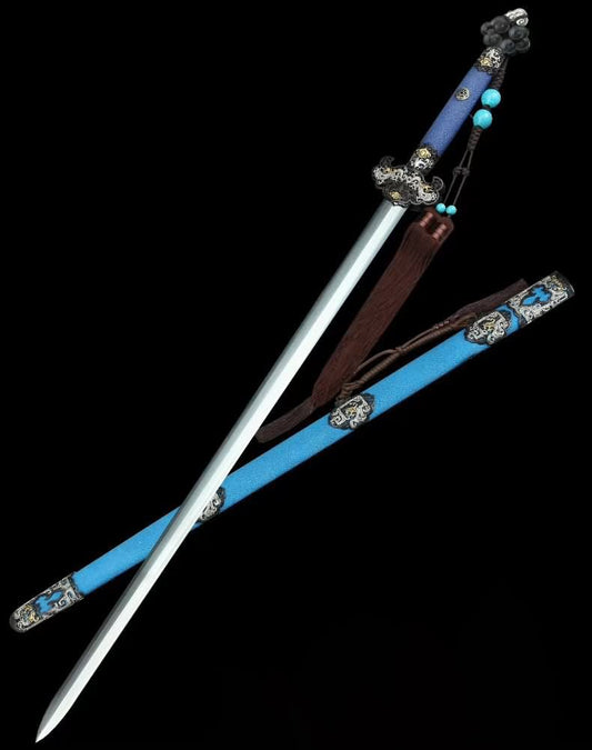 Real Ancient Sword(Forged Folded Steel octahedral Blade,Skin Scabbard,Brass Fittings) Full Tang,Chinese Sword